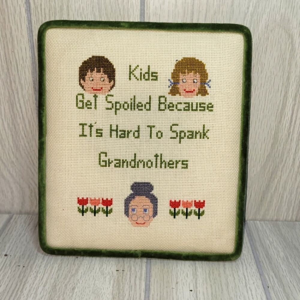 Vintage Finished Cross Stitch Picture "Grandkids Get Spoiled" Needlepoint